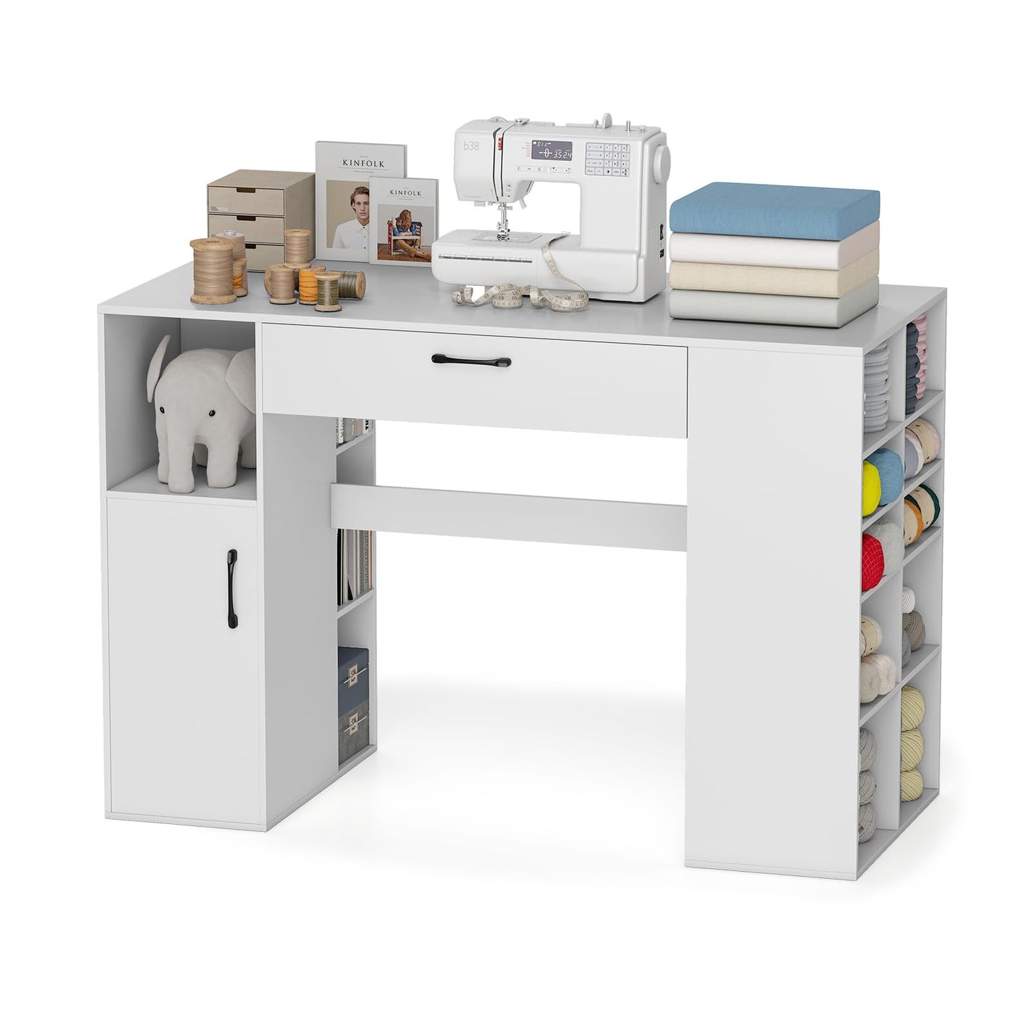 GOFLAME Sewing Table, 53” Sewing Machine Desk with Open Storage Cubes, Drawer, Cabinet, Adjustable Shelves, Art Craft Table for DIY, Modern Home Office Desk, White