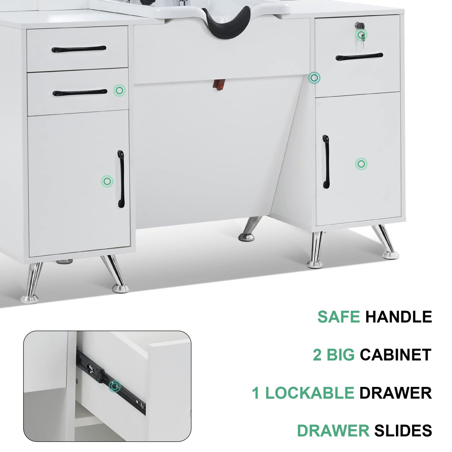 BarberPub Backwash Shampoo Bowl Cabinet, Wall Mount Station with Mirror, Storage Cabinet with Drawers & Shelf 3141 (White)