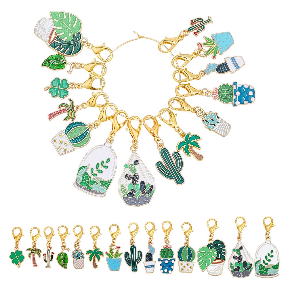 HOBBIESAY 28Pcs 14 Styles Enamel Alloy Crochet Stitch Marker Cute Cactus Potted Plants Removable Crochet Stitch Marker Charms with Lobster Claw Clasps for Crocheting Knitting Quilting Supplies