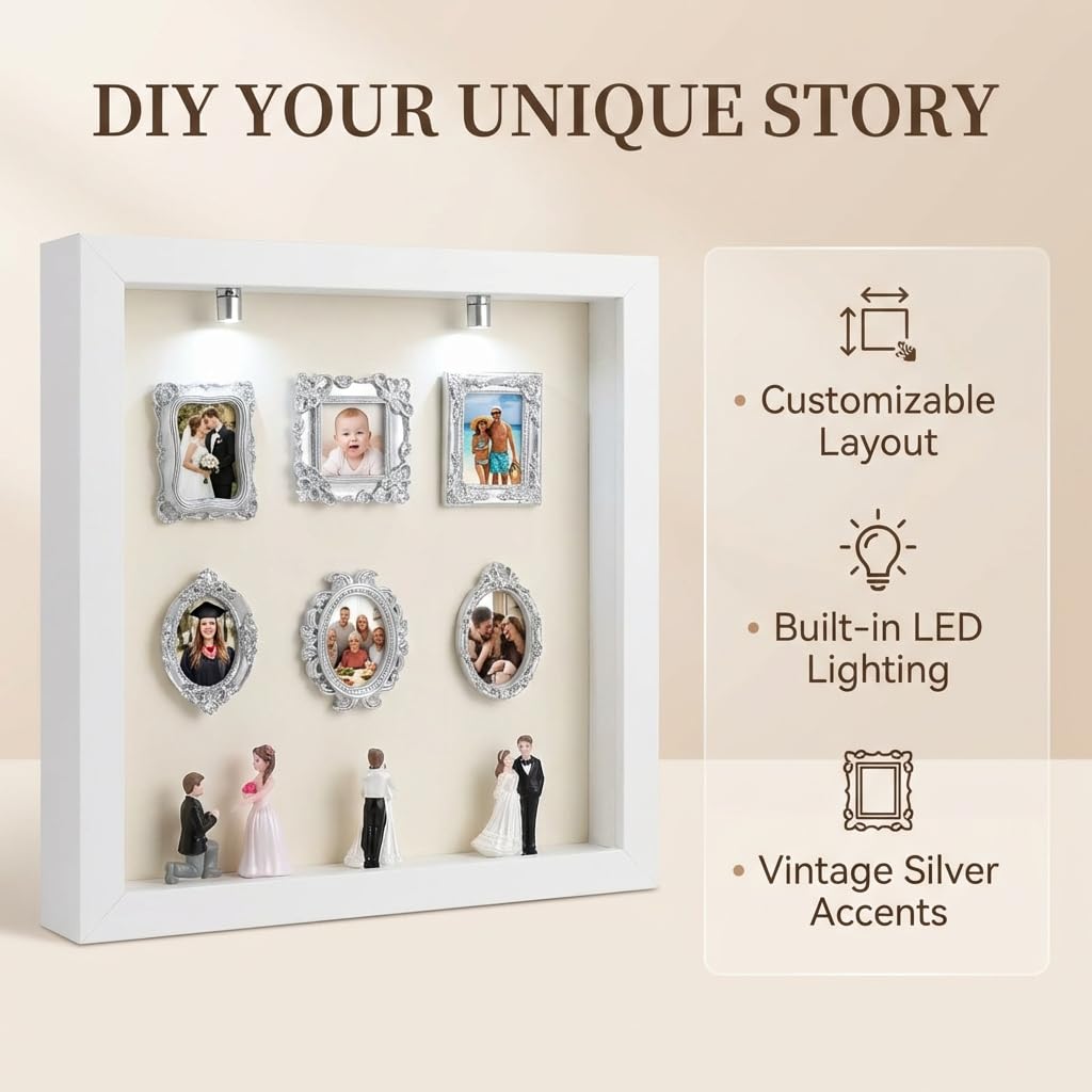 AHFYDX DIY Mini Frames Silhouette Box, Shadow Box Frame with 6 DIY Frames，2 Lights and 4 Dolls, Customizable Design, Warm Style, Sentimental Gift for Family and Couples（White-Acrylic Front pane）