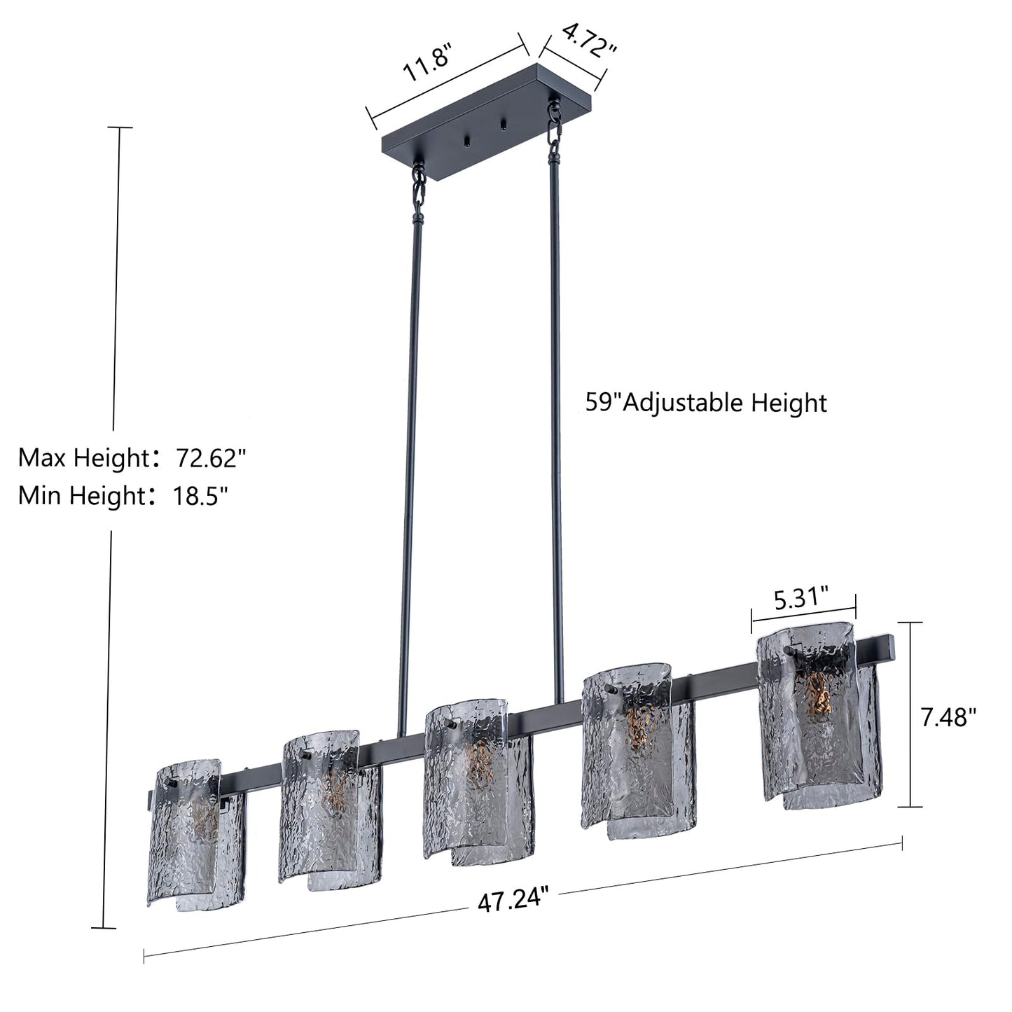 EDISLIVE 5-Light Glass Block Chandeliers Pendant Light Kitchen Island 47.24in E12 Linear Adjustable Hanging Lighting Fixture with Black Finish Grey Water Ripple Glass for Dinning Room Living Room