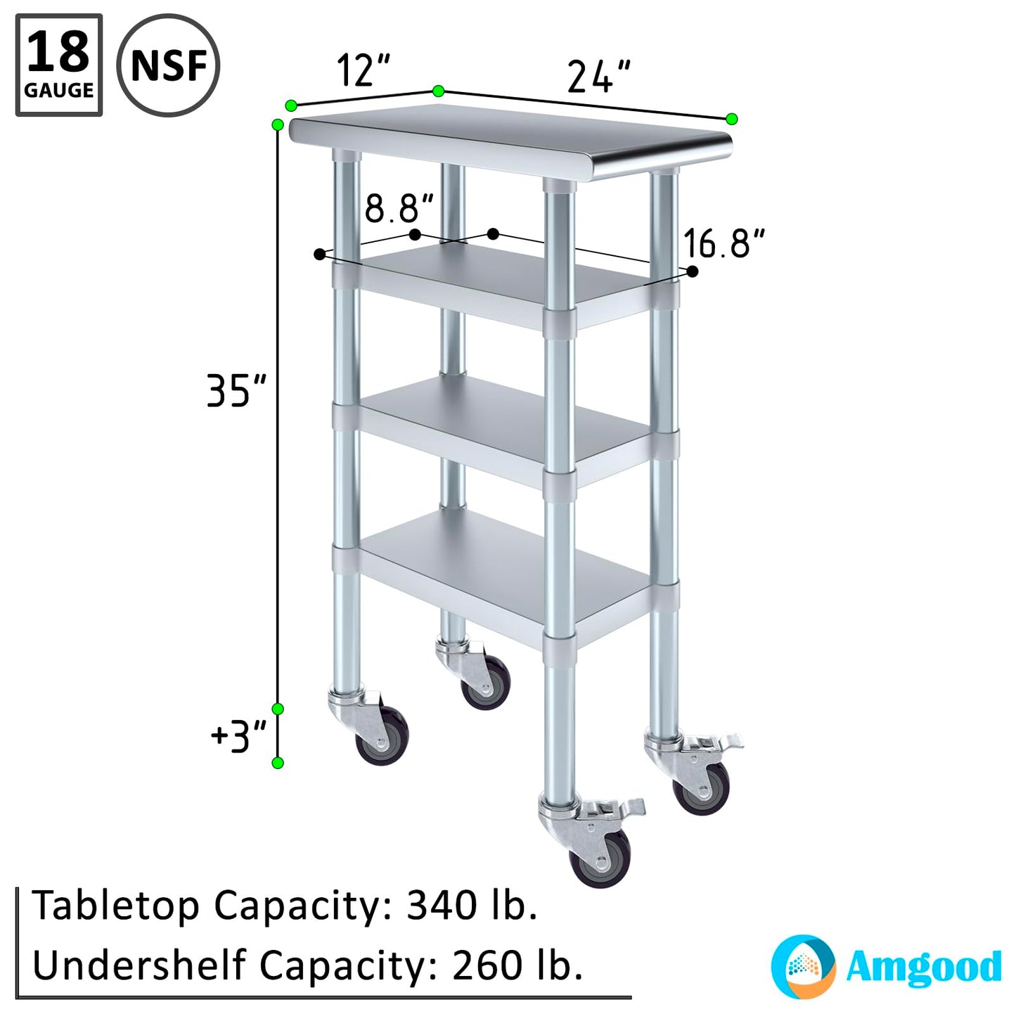 AmGood Stainless Steel Work Table with 3 Shelves and Wheels | Metal Utility Table | Commercial & Residential NSF Utility Table (12" Long x 24" Deep)
