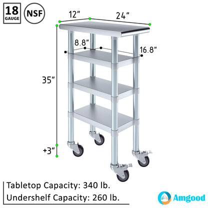AmGood Stainless Steel Work Table with 3 Shelves and Wheels | Metal Utility Table | Commercial & Residential NSF Utility Table (12" Long x 24" Deep)