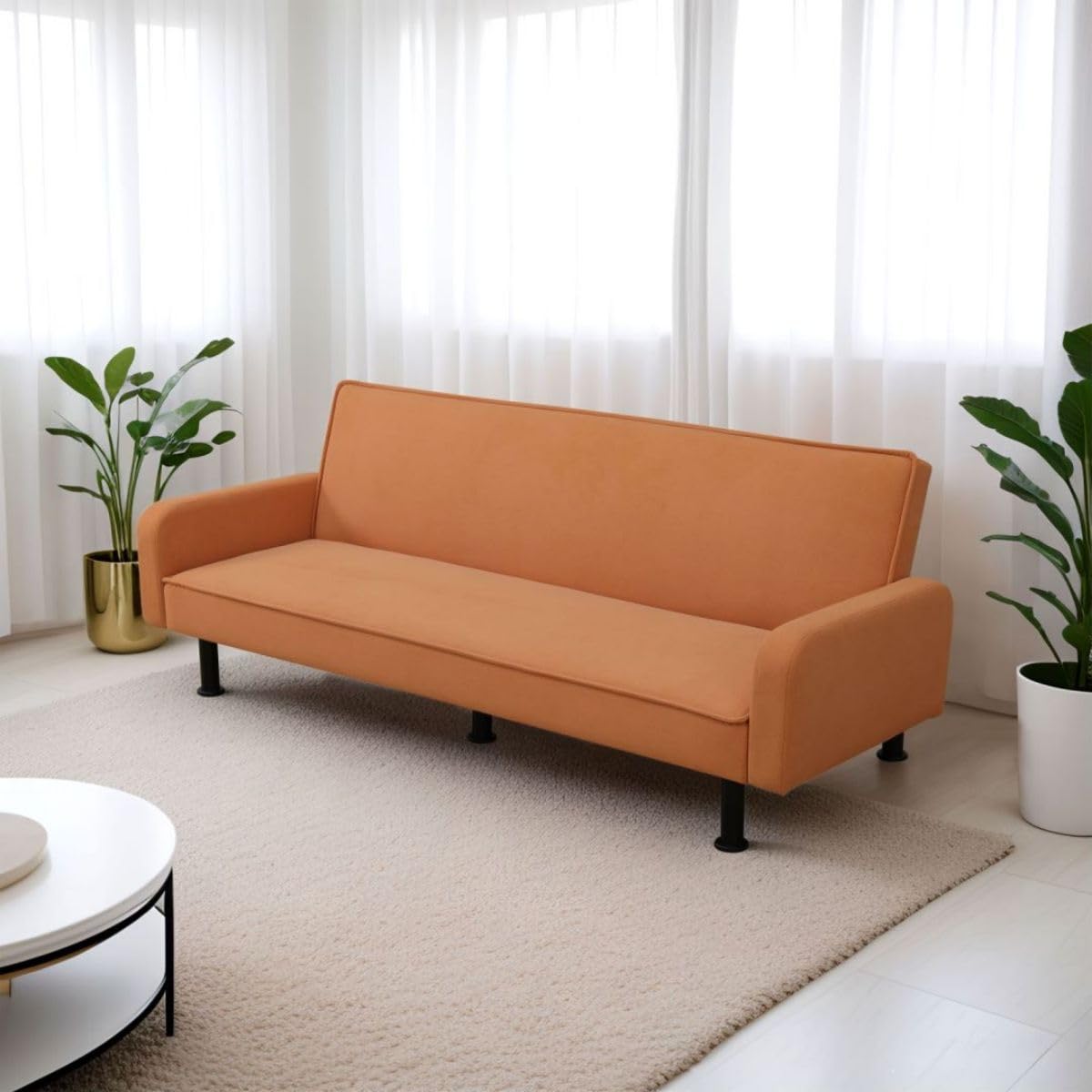 UOCFYK Fold Out Modern Couch Convertible Sleeper Sofa Chair Bed, 2 Seater Loveseat for Living Room, Lounge Comfy Cama for Small Spaces for Bedroom, Adjustable Angle, Orange Calico