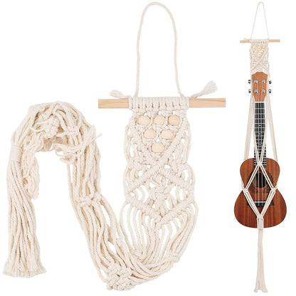 CREATCABIN Ukulele Wall Mount Hanger White Macrame Guitar Wall Hanger 7.87" x 37.4" Cotton Boho Hanging Stand Holders Hangers Alternative Kit with Wood Head for Acoustic Electric Guitars Walls Decor