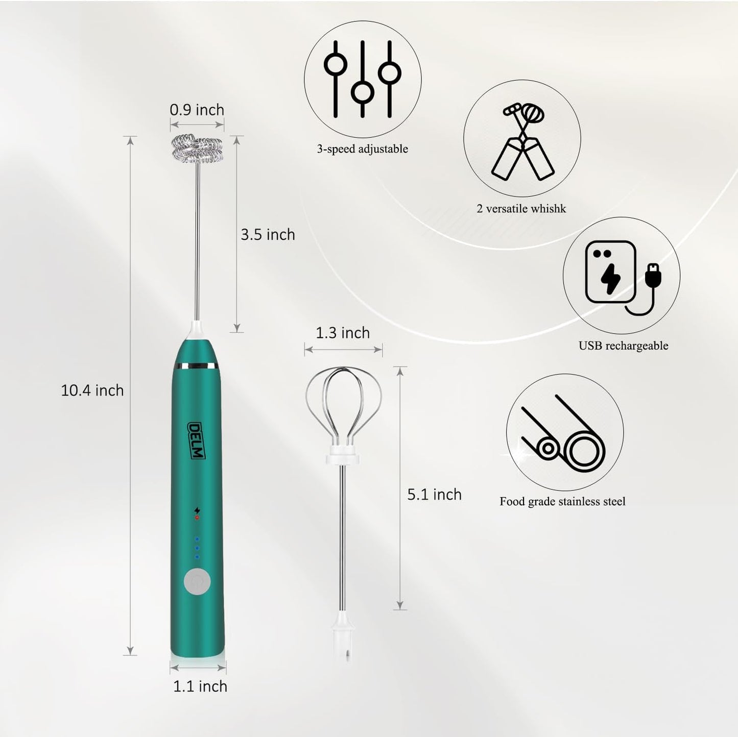 DELM Electric Milk Frother, Rechargeable Handheld Drink Mixer, Kitchen Aid, USB Rechargeable Bulletproof Frother (Green)