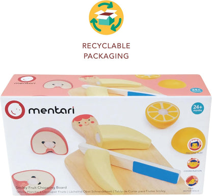 Smiley Fruit Chopping Board Toy Set - 8pc Wood Chopping Board with Play Knife & Choppable Fruits for Toddlers Age 2+