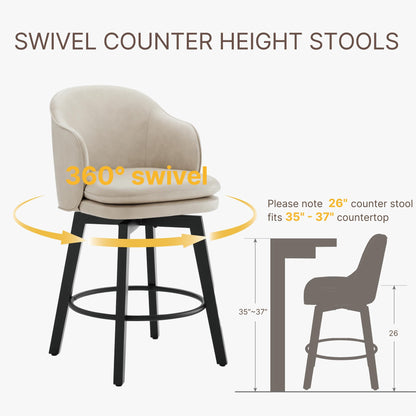 Counter Height Barstools 26 inch Upholstered Swivel Bar Stools with Back and Wood Legs for Kitchen Island,Set of 2,Beige PU Leather