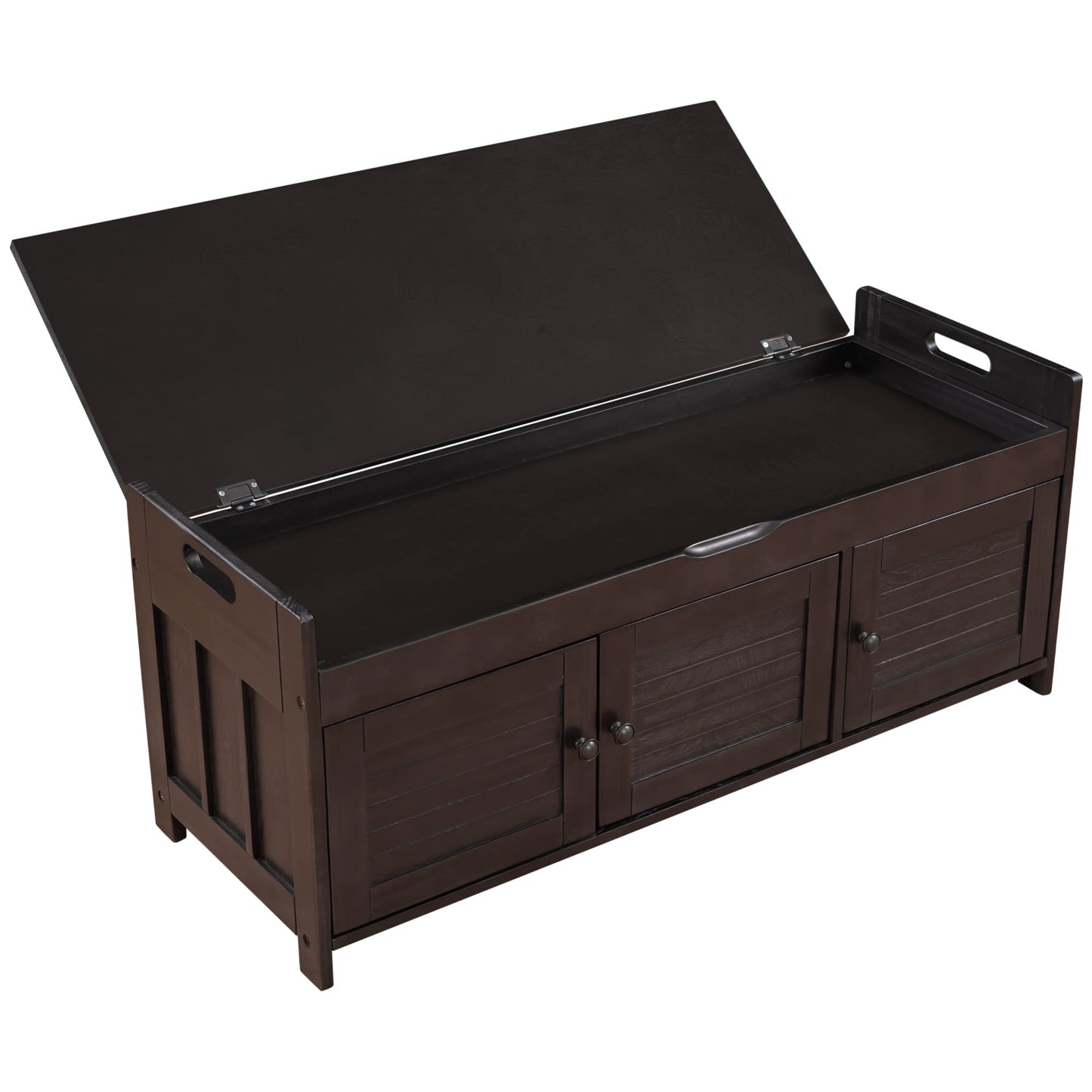 Jintop Wood Storage Bench 3 Shutter-Shaped Doors,Multifunction Shoebox,W/ 2 Size and Removable Cushion & Hidden Savings Space,for Entryway,Bedroom,Living Room,Espresso, 43.5"