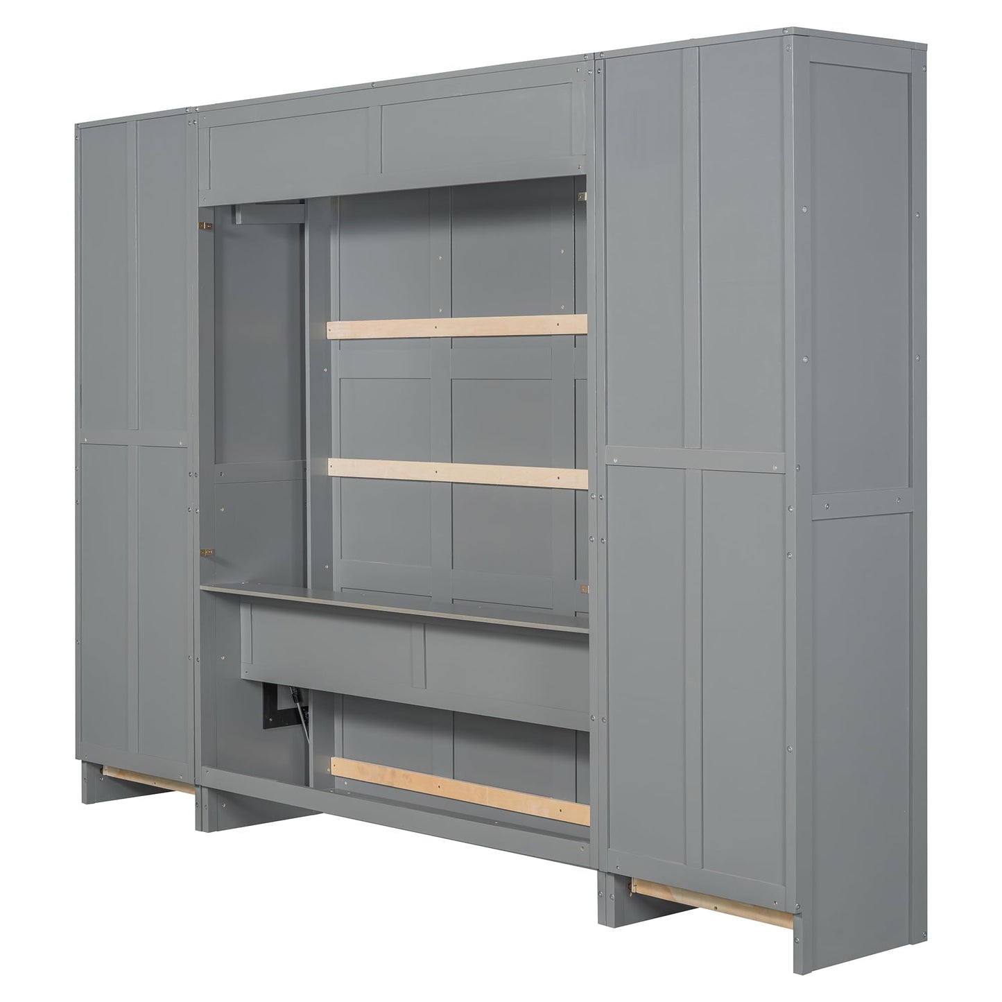 Merax Murphy Bed Queen Size, Built-in Shelves, Storage Drawers and Wardrobe, Wood Folding Wall Bedframe for Guest Room, Home Office, Grey