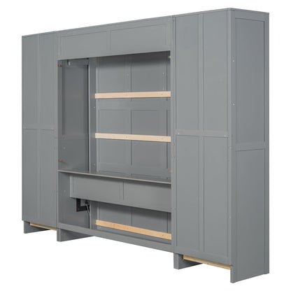 Merax Murphy Bed Queen Size, Built-in Shelves, Storage Drawers and Wardrobe, Wood Folding Wall Bedframe for Guest Room, Home Office, Grey