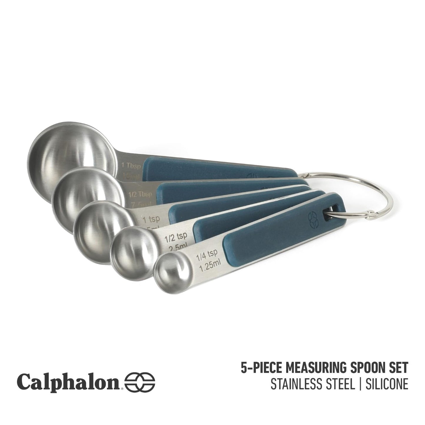 Calphalon Prime 5 Piece Stainless Steel Measuring Spoons W/Navy Blue Silicone Handles