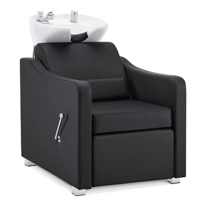 BarberPub Backwash Shampoo Station Chair, Adjustable Porcelain Ceramic Hair Wash Bowl with Chair, Shampoo Station for Barber Shop, Spa Beauty Salon Equipment 9364 (Black)