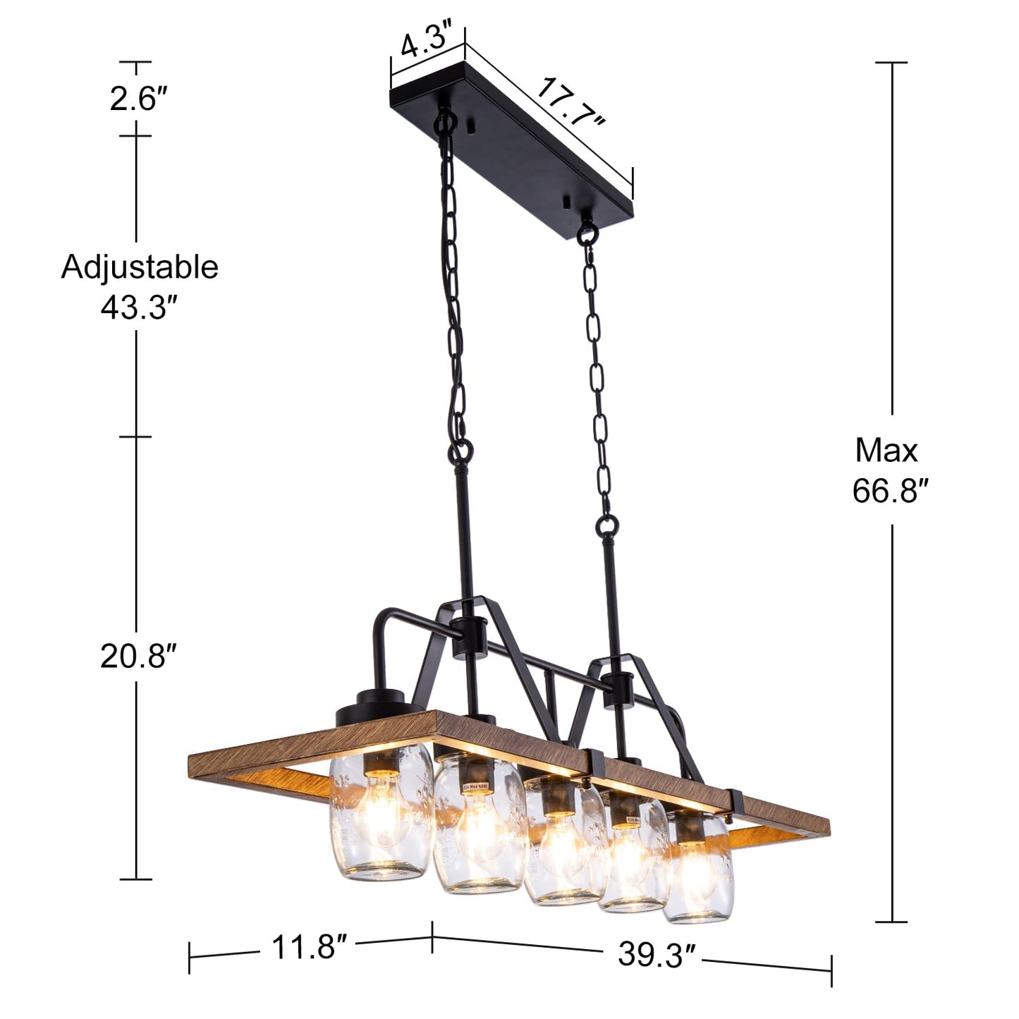 Wellmet Kitchen Island Chandelier, Mason Jar Pendant Light Dining Room, 5-Light Wooden Paint Pendant Light for Living Room, Dining Table, Kitchen, Hallway, Restaurant, 39.3''W