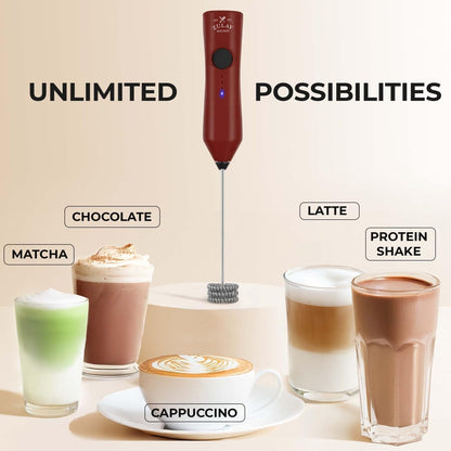 Zulay Kitchen Rechargeable Milk Frother - 3 Speeds & 3 Whisk Attachments - USB Charging for Lattes & Cappuccinos - Red/Black