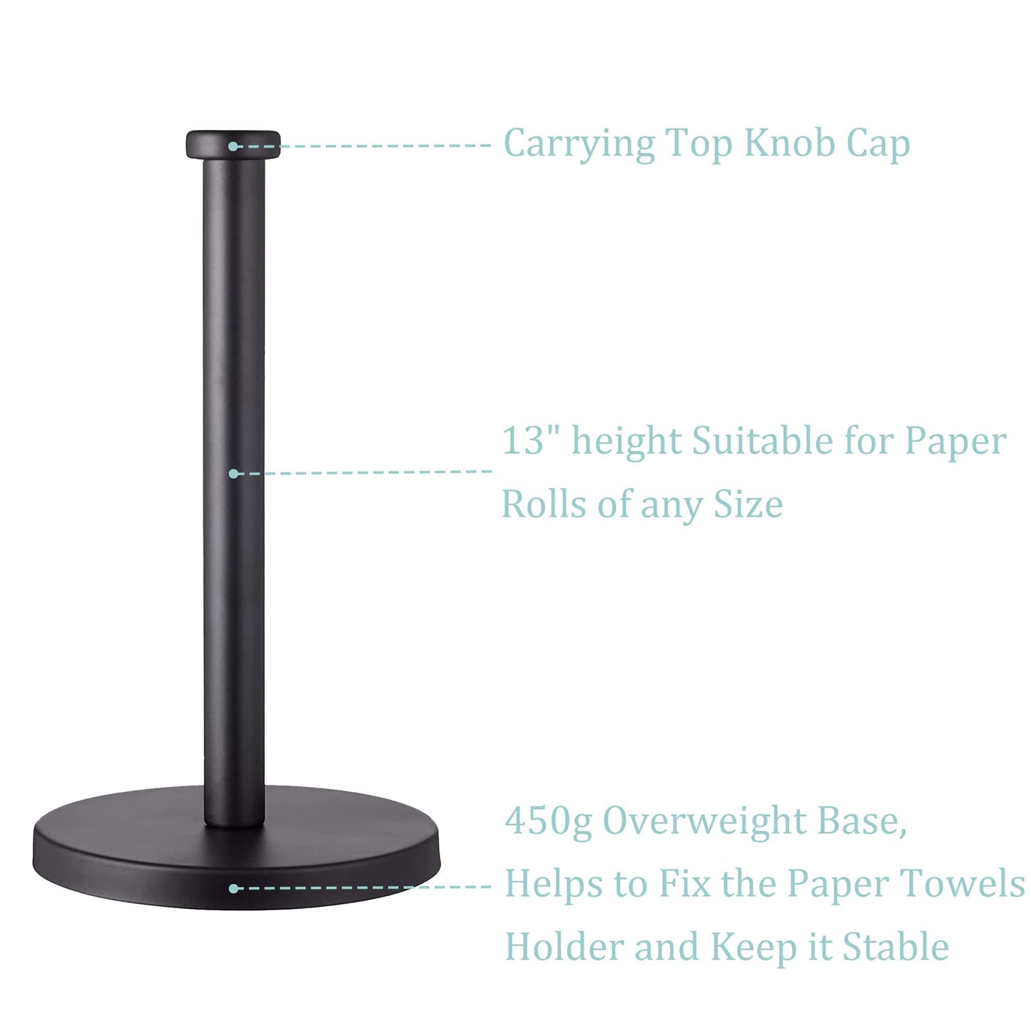 Black Standing Paper Towel Holder for Kitchen& Bathroom Countertop,Under Counter, Table Or BBQ, Standard or Jumbo-Sized Roll Paper (with Stainless Steel Base)