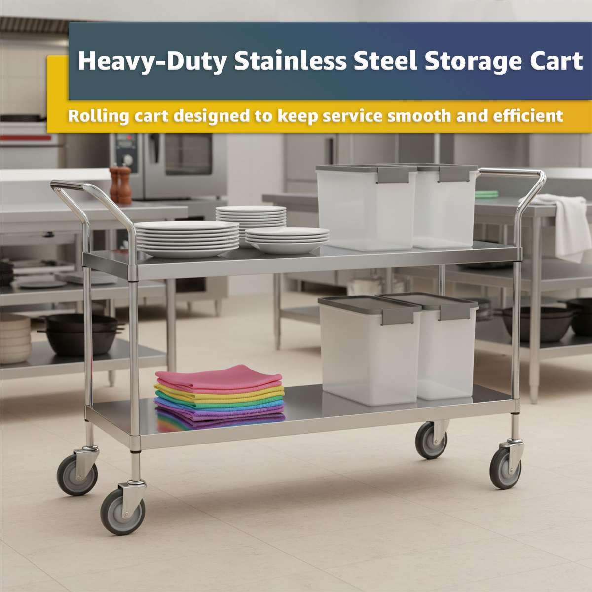 18" x 58" x 37" Stainless Steel Two Shelf Utility Cart - Commercial Heavy-Duty NSF Service Cart with Handles, Storage Rolling Shelving for Warehouse, Office, Food Service