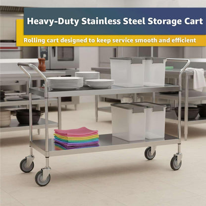 18" x 58" x 37" Stainless Steel Two Shelf Utility Cart - Commercial Heavy-Duty NSF Service Cart with Handles, Storage Rolling Shelving for Warehouse, Office, Food Service