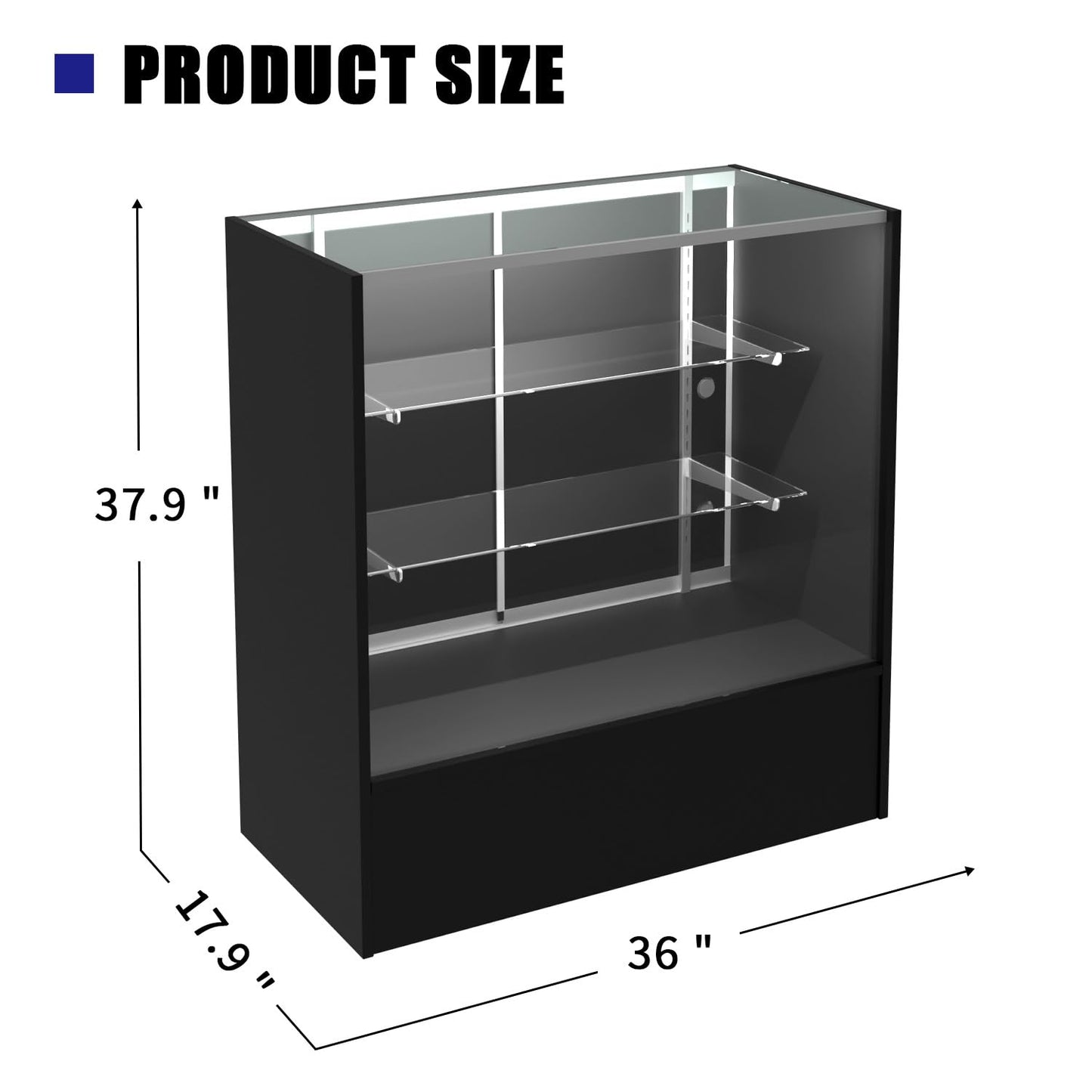 HUZJIEHUI 36" W x 18" D x 38" H - Retail Display Cabinet, Black Wooden Full View Glass Display Cabinet with LED Lights and Glass Shelves