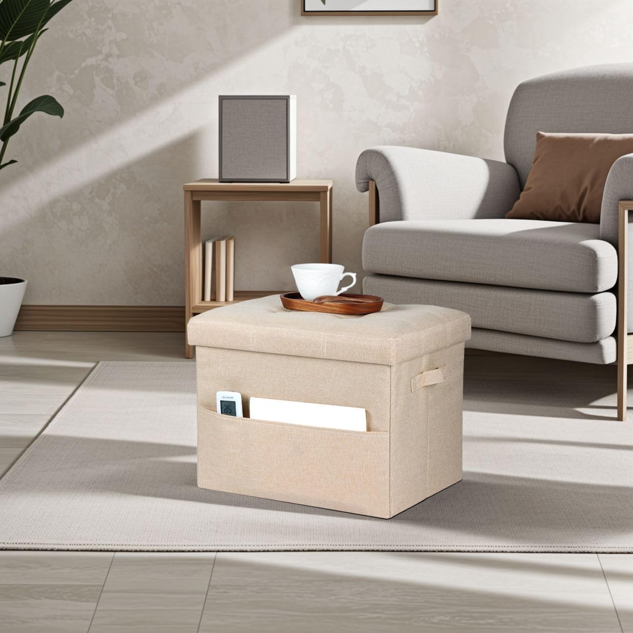 17x17x13 Inches, Bsketa Storage Ottoman Foot Rest, Folding Linen Cotton Ottoman with Storage with Side Pockets