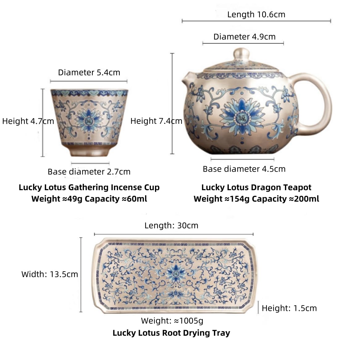Lucky Year Lotus Tea Set with Single Teapot and Two Cups Home Tea Brewing Set in Gift Box (Silver-Gilded Porcelain Lotus of Auspicious Years Teapot Set with Two Cups and Dry-Brewing Tray)