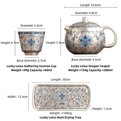 Lucky Year Lotus Tea Set with Single Teapot and Two Cups Home Tea Brewing Set in Gift Box (Silver-Gilded Porcelain Lotus of Auspicious Years Teapot Set with Two Cups and Dry-Brewing Tray)