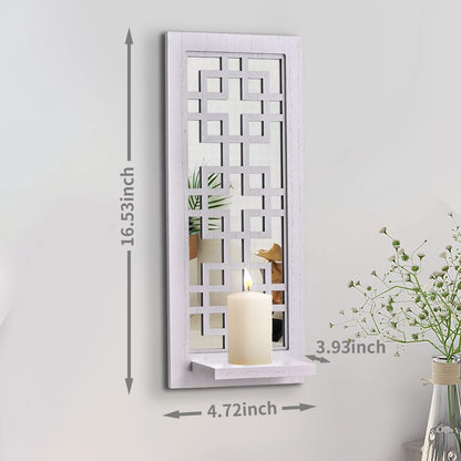 Aeveco Set 2, Wall Mirrored Candle Sconces of Decorative Wooden Candle Holder, Rustic Candle Sconce, White Living Room