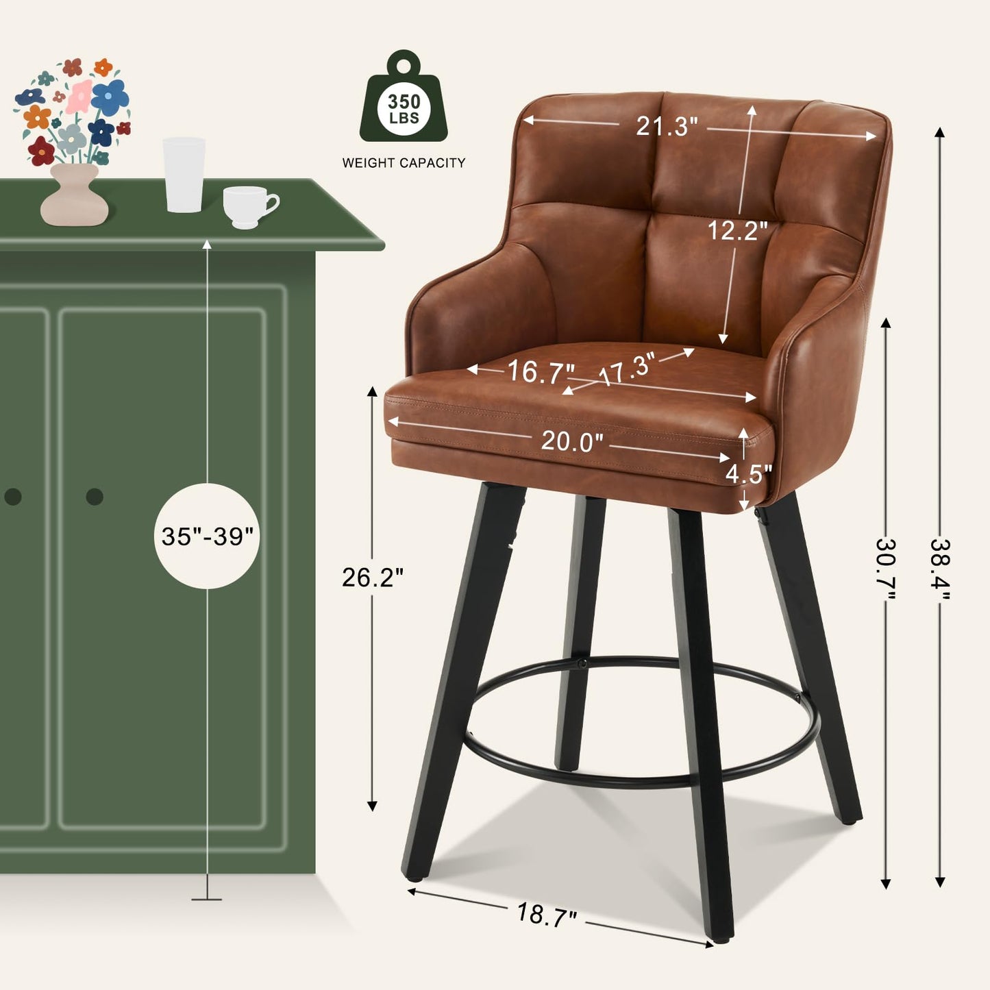 SAECKBERG 360°Swivel Counter Height Bar Stools with Back, 26 inch Solid Wood Legs, Bar Stool Modern Kitchen Island Chairs, Faux Leather (Brown- Faux Leather, 26" H- Set of 2)
