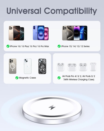 WRVVR for Apple Mag-Safe Charger 2 Pack, Magnetic Wireless Charger for iPhone 16 15 14 13 12 Pro Max Plus mini, 15W Fast Charging Pad, for Airpods 4/3/2/Pro, Strong Magnet, Silver