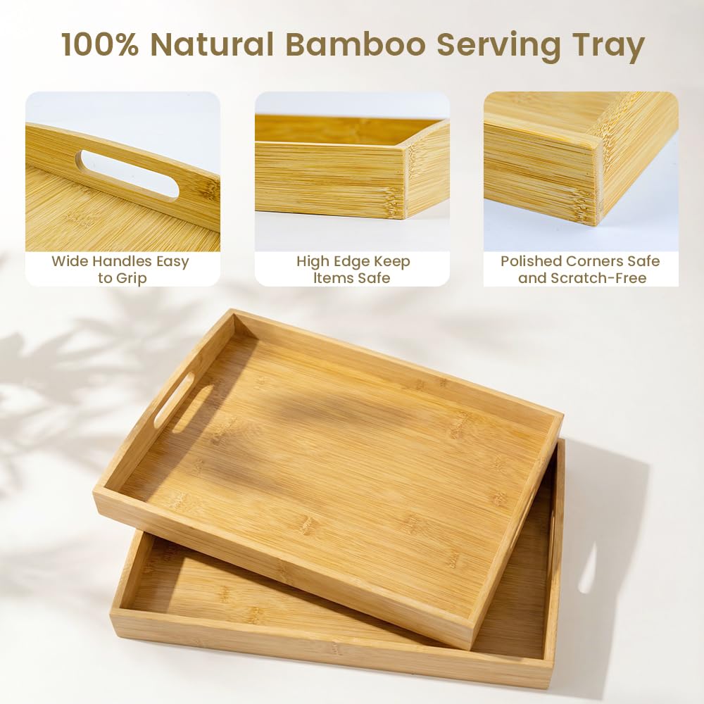 Bamboo Serving Tray with Handles - 2 Pack Wooden Food Tray for Breakfast in Bed, Eating, Decor and Storing - Decorative Trays Platter Use for Kitchen, Ottoman, Living Room, Party and Restaurant