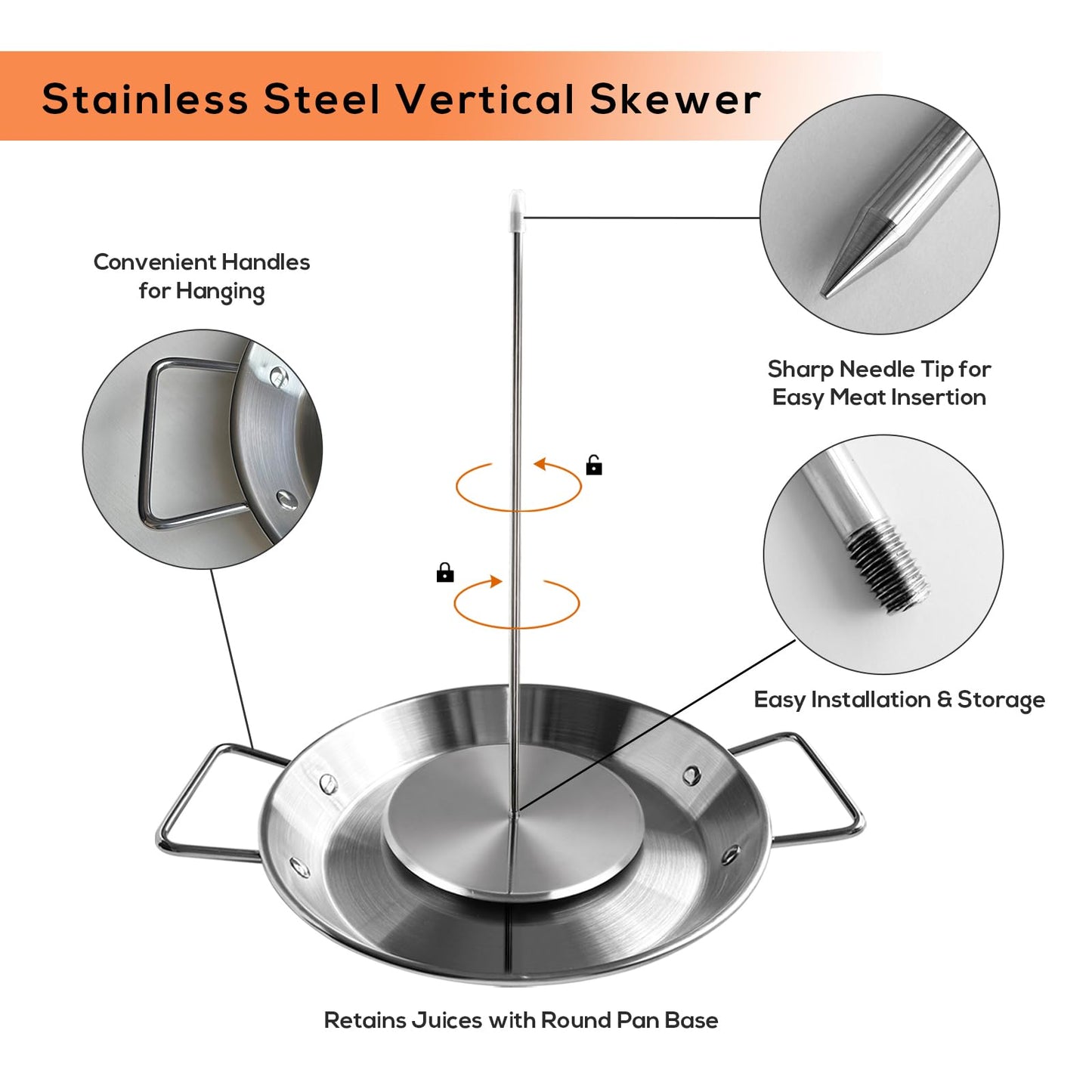 Fengzhe Al Pastor Skewer for Grill: Extra Large 13" Stainless Steel Vertical Skewer, Brazilian Spit Stand with 4 Spikes, 2 Brushes, for Tacos Al Pastor, Shawarma, Kebabs, with Fat Separator Tray