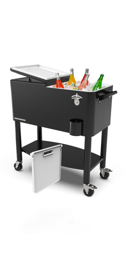 Permasteel Party Cooler with Divider, Spacious 80-Qt Capacity, Chills 36hrs, Serving Tray, Rolling Ice Chest for Indoor and Outdoor Entertainment, Black