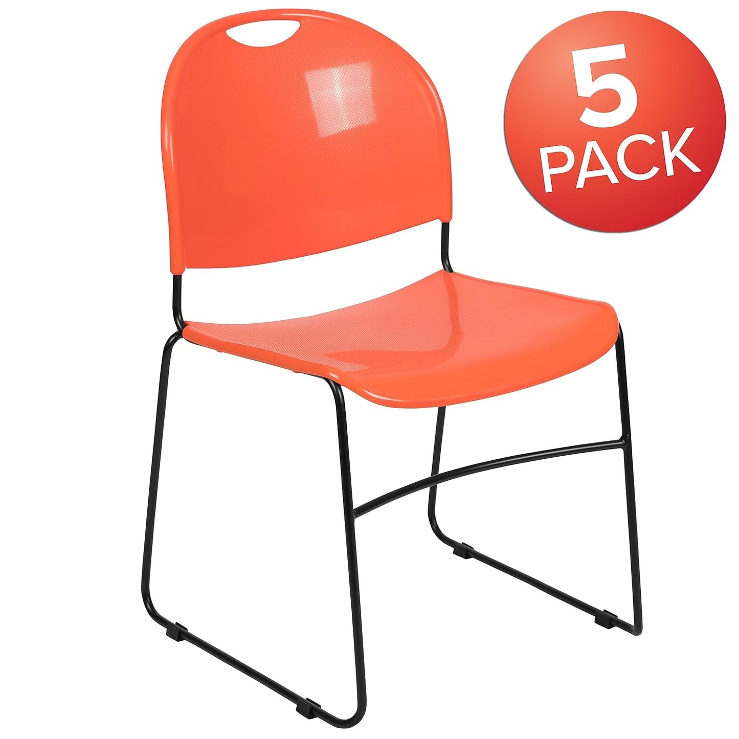 Flash Furniture HERCULES Series 5 Pack 880 lb. Capacity Orange Ultra-Compact Stack Chair with Black Powder Coated Frame