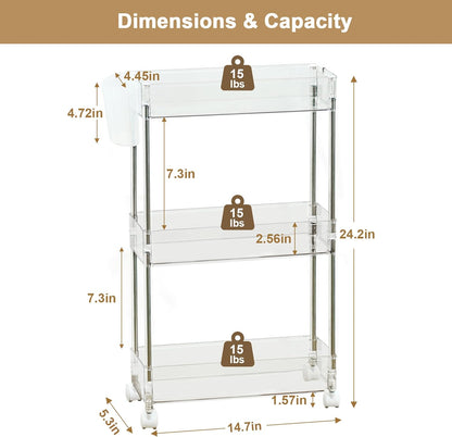 3-Tier 2 VECELO Acrylic Rolling Cart, Utility Cart for Kitchen Storage, Mobile Shelves Slide-Out Organizers