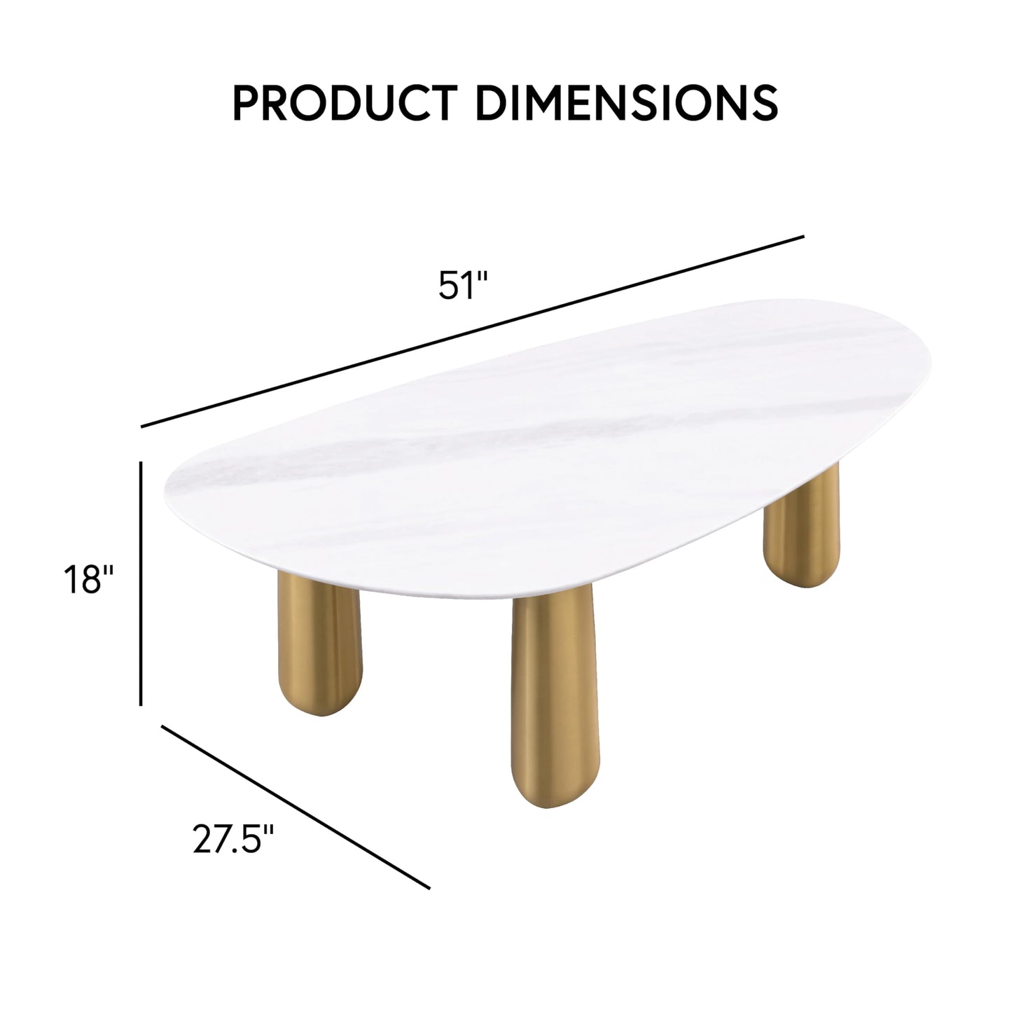 Furniture of America Gavora Modern 51-inch Oval Sintered Stone Top Coffee Table with Gold Triple Pedestal Legs for Small Space, Living Room, Home Office, White