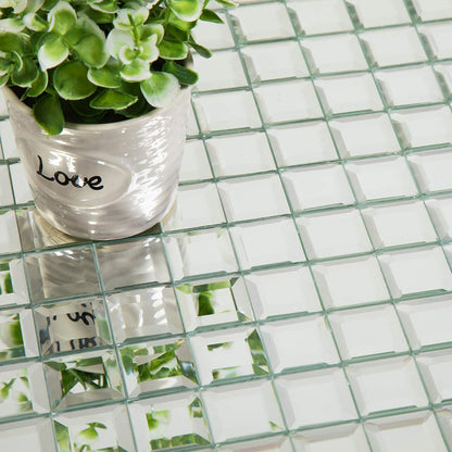Soulscrafts Mirror Glass Mosaic Tile, 5 Faces Square Beveled Silver Crystal Mirror Backsplash 12x12 Inch Seamless for Kitchen Bathroom 5 Sheets