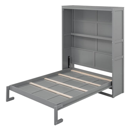 Ball & Cast Full Size Murphy Bed Wall Bed with Shelves and Mattress Holder,Wood Hideaway Cabinet Chest w/Slat Support,can be Folded,for Small Room,Dorms,Gray