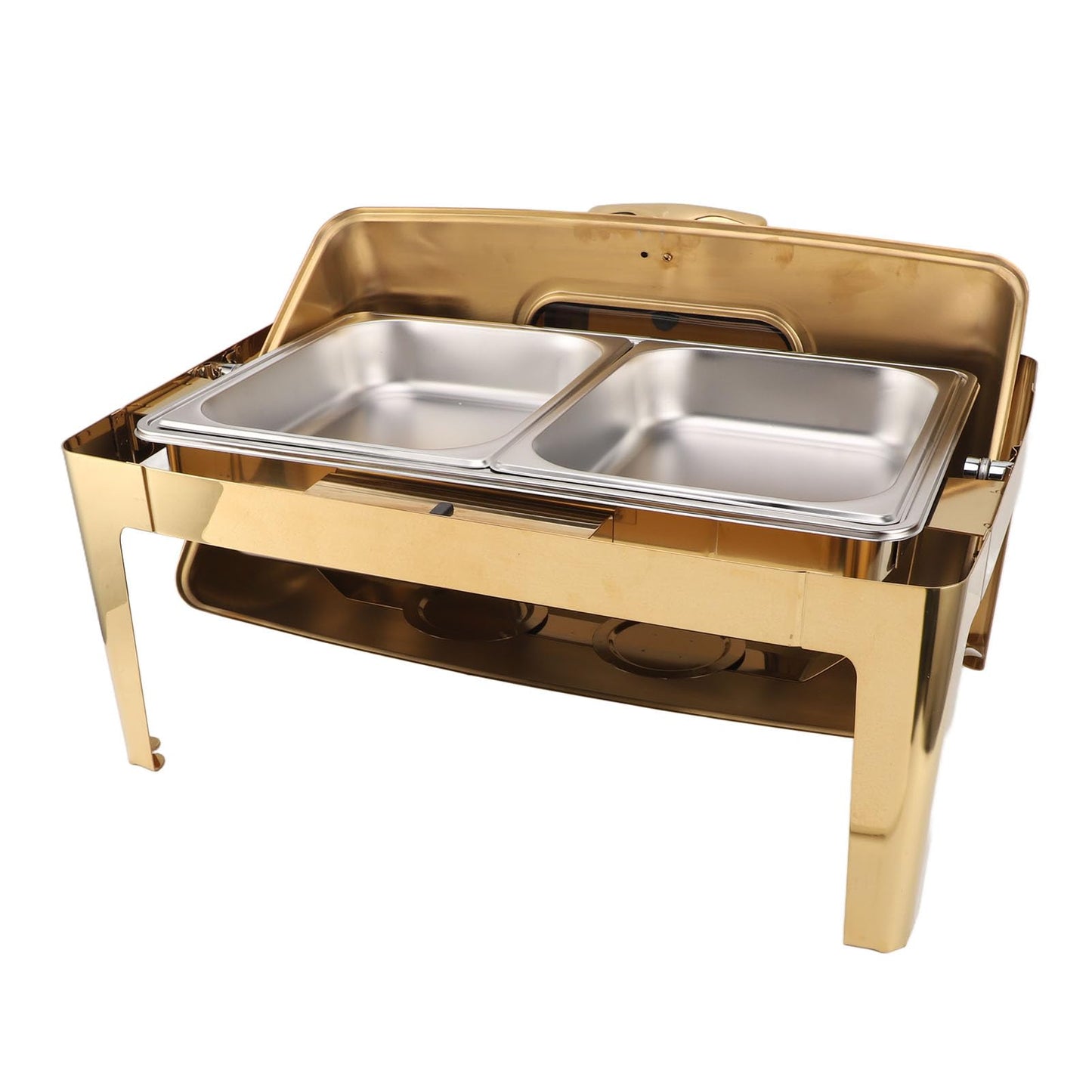 Qiilu Premium Buffet Chafing Dish Stainless Steel Chafer 9L Buffet Catering Food Warmer with Transparent Glass Lid and HighQuality Heating Method (Plated Gold)