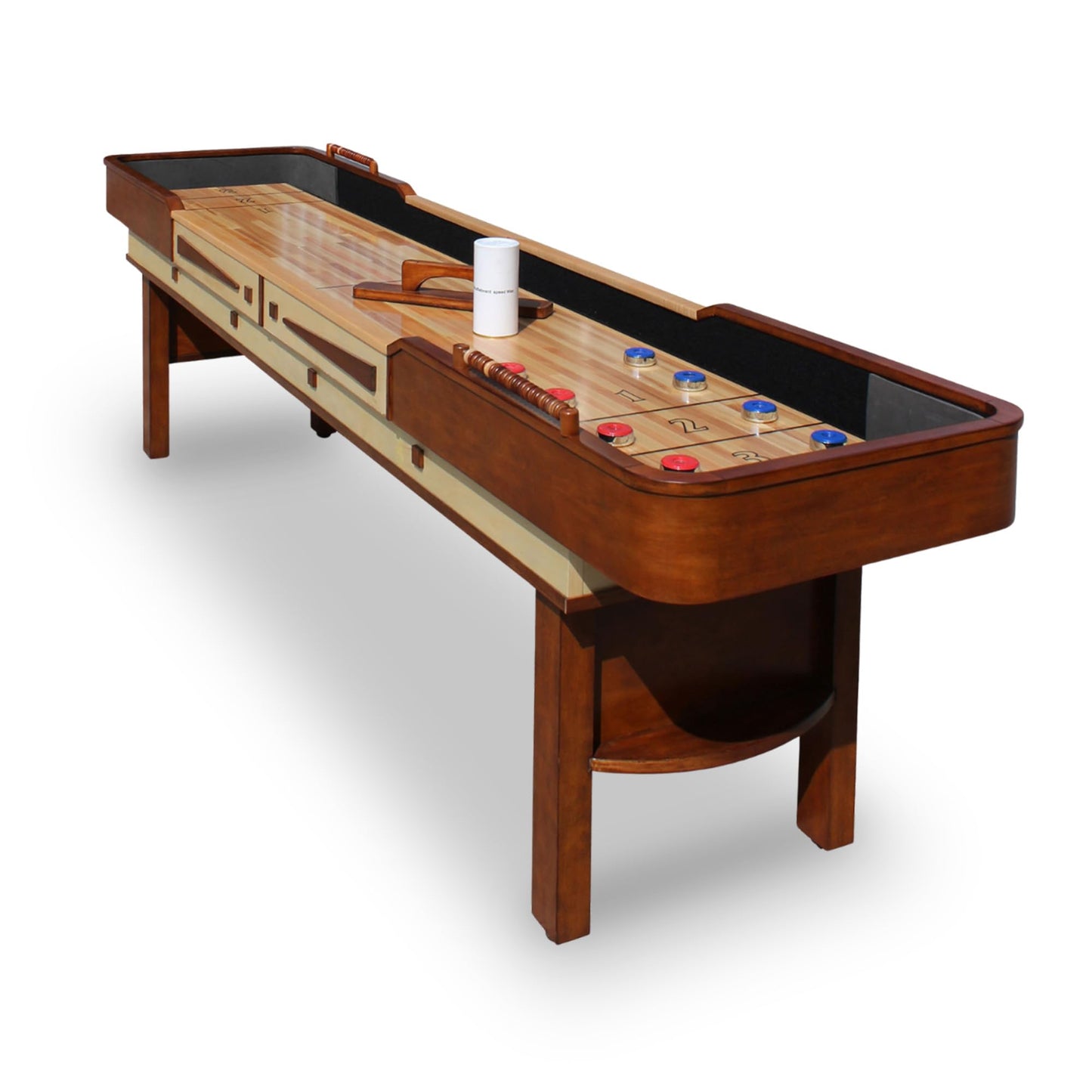 Hathaway Merlot 12 Foot Shuffleboard Table for Family Game Room - with Lacquer Coated Playfield, Built-in Scorer and Cabinet, Climate Adjusters, Leg Levelers, 8 Pucks, Brush, and Wax - Walnut Finish