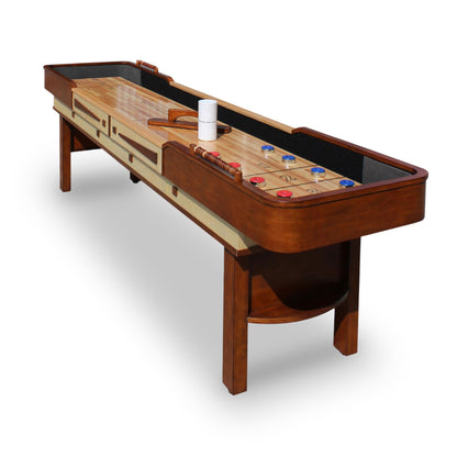 Hathaway Merlot 12 Foot Shuffleboard Table for Family Game Room - with Lacquer Coated Playfield, Built-in Scorer and Cabinet, Climate Adjusters, Leg Levelers, 8 Pucks, Brush, and Wax - Walnut Finish