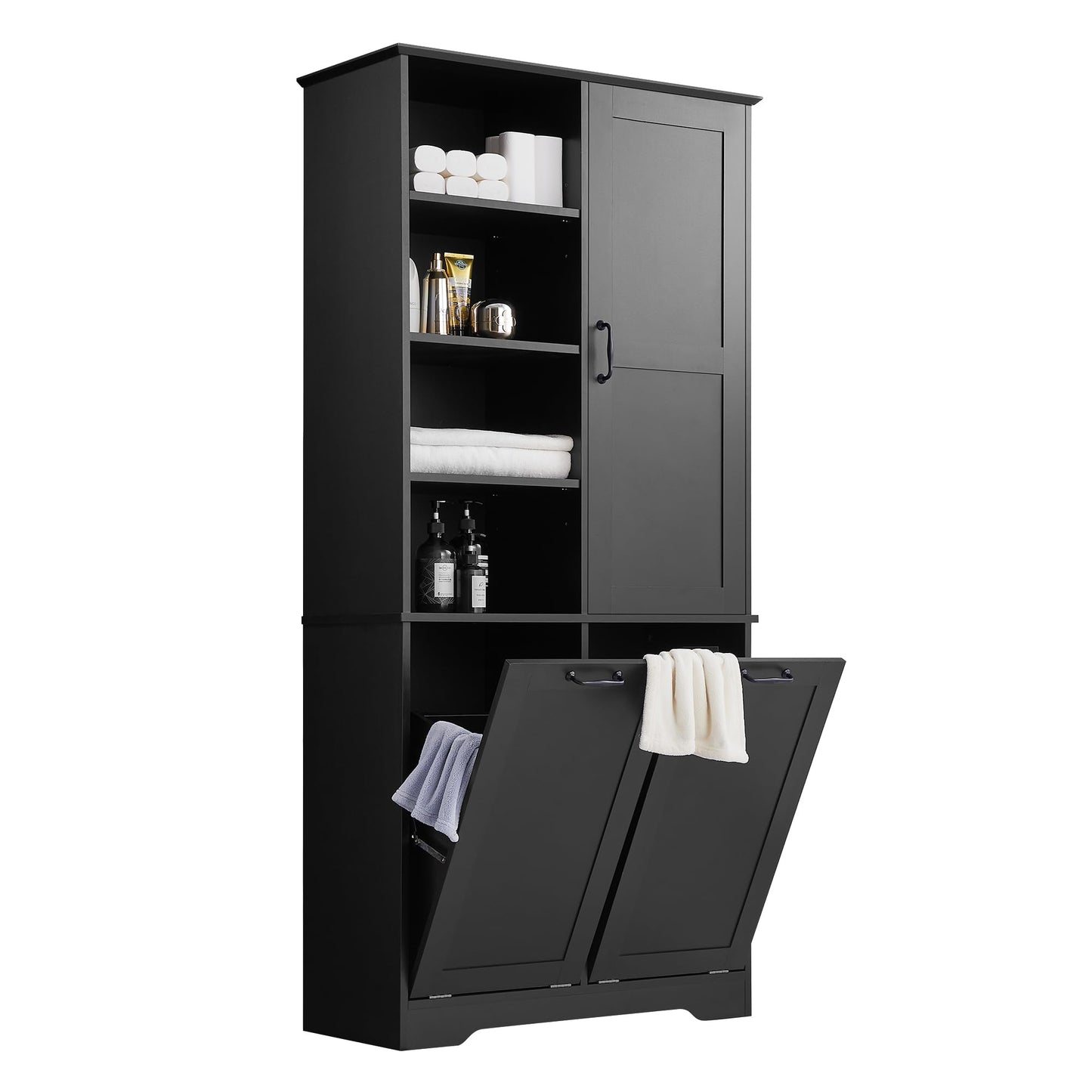 Merax Cabinet with Tilt-Out Laundry Hamper Basket, Tall Bathroom Storage Organizer Linen with Open Shelf for Home, Freestanding, Black