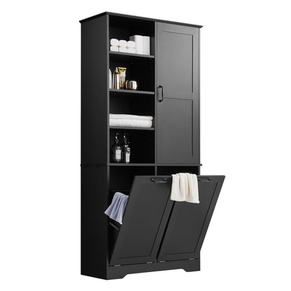 Merax Cabinet with Tilt-Out Laundry Hamper Basket, Tall Bathroom Storage Organizer Linen with Open Shelf for Home, Freestanding, Black
