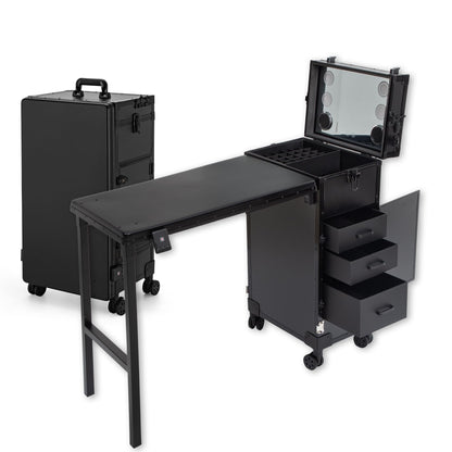 SJD LACE Rolling Manicure Table with 3 Drawers, Portable Nail Desk for Nail Tech, Foldable Nail Table Lockable Makeup Case with Mirror, Nail Polish Organizer, Mobile Nail Tech Workstation with Wheels