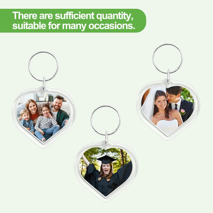 BRT Bearingshui 50pcs Pendant Picture Frame Keyrings, Clear Acrylic Photo Frame Keyring Holder, Make Your Own Personalized Keyring Kit, Heart Shaped Blank Photo Insert Keychain for DIY Craft