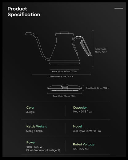Cocinare Gooseneck Electric Kettle, ±0.5°F Precise Temperature Control, 1500W Fast Heating, Pour-Over Coffee & Tea, Stainless Steel, 0.6L (Color-changing Jungle Design)