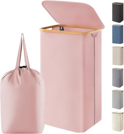 Lifewit 100L Laundry Basket - Foldable Hamper with Lid & Bamboo Handles | Pink, Removable Bag Included