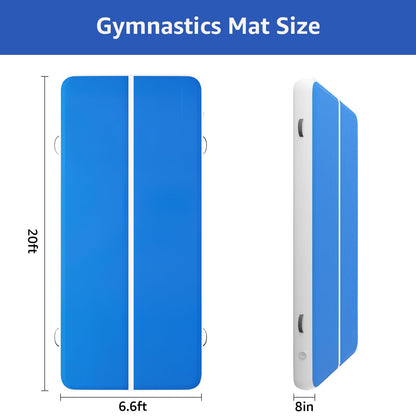 Inflatable Gymnastics Tumbling Mat 8in Thick 20FT/26FT Yoga Training Track with Electric Pump for Gymnastics, Cheerleading, Home, Pool, Gym, and Outdoor Activities (Blue, 20ft x 6.6ft x 8in)
