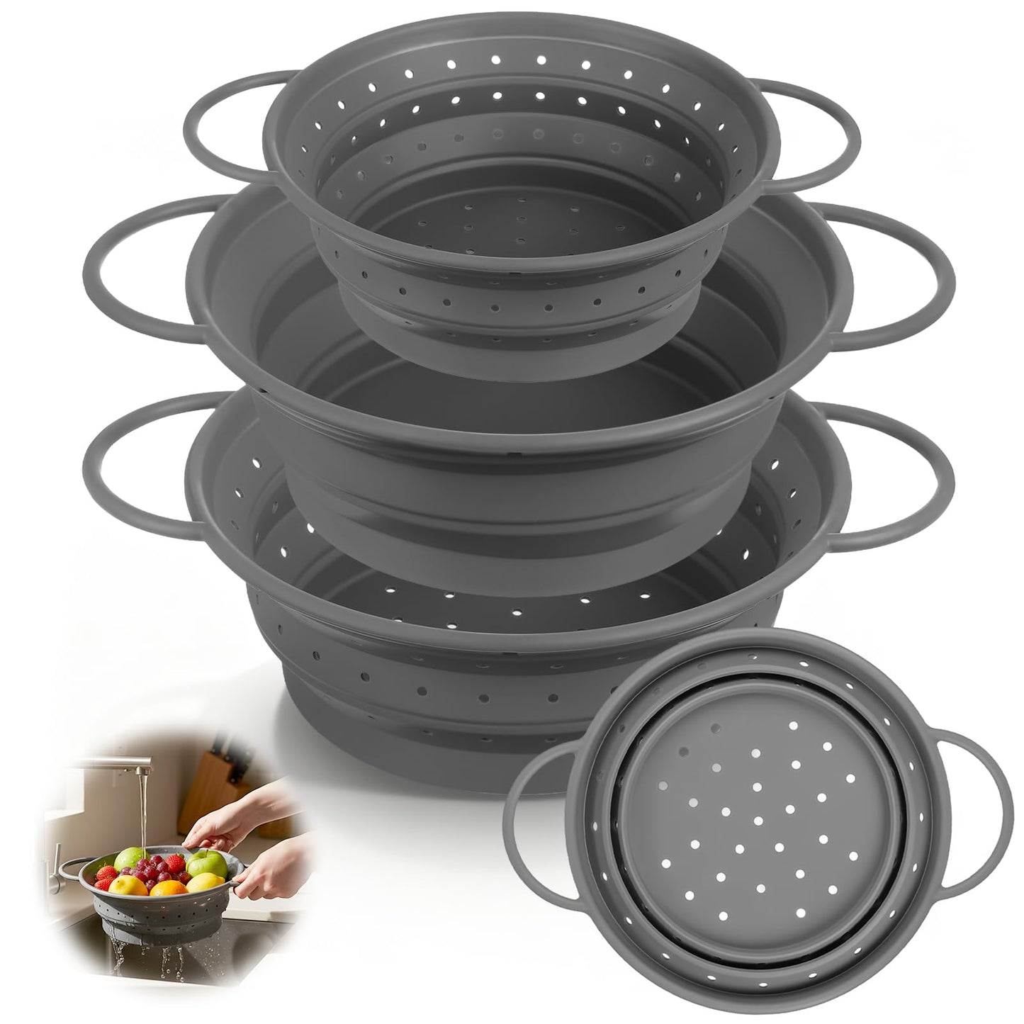 Afarnook 3 Pack Collapsible Colander with Strainer Bowl Set, 11 & 13 In BPA-Free Silicone Colanders for Kitchen, Heat-Resistant Space-Saving Strainer Dishwasher Safe Baskets for Vegetable Fruits(Grey)