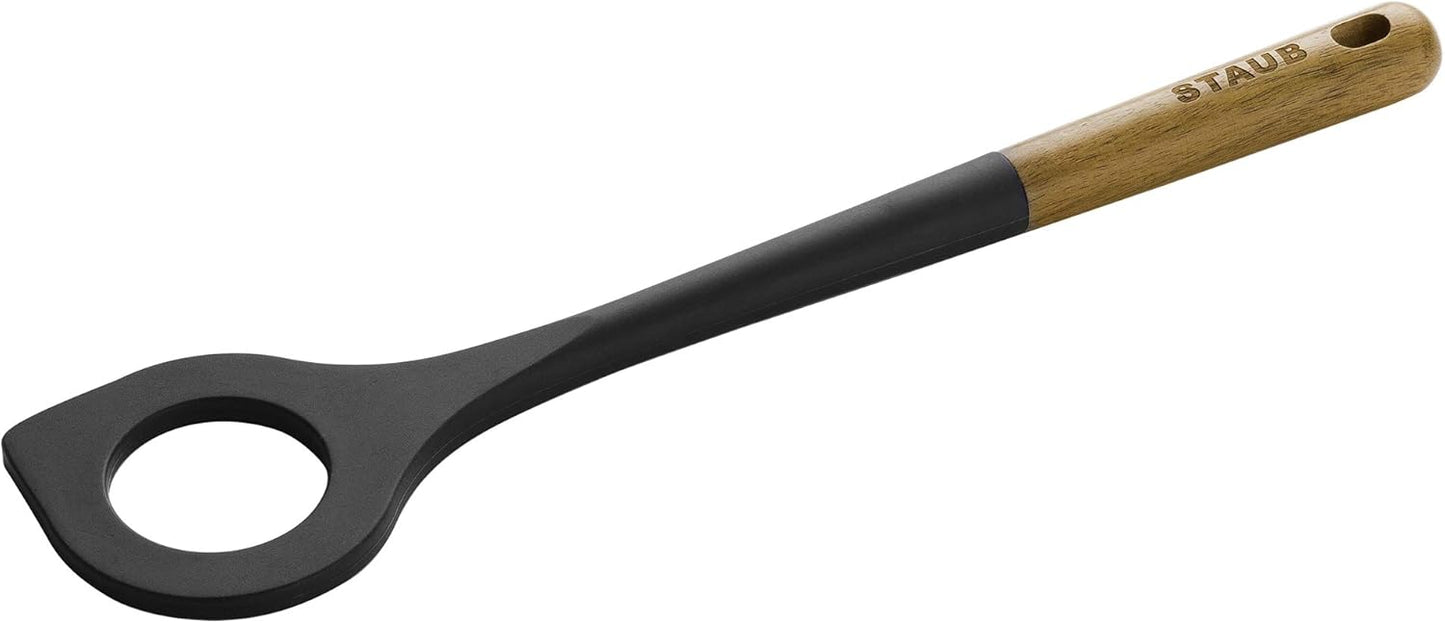 STAUB Risotto Spoon, Durable BPA-Free Matte Black Silicone Cooking Utensil with Acacia Wood Handles