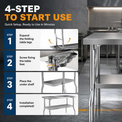 Chingoo Stainless Steel Folding Table 48 x 24 Inch Commercial Workbench with Removable Undershelf, Collapsible Portable Utility Table for Kitchen, Outdoor BBQ, Restaurant, Garage